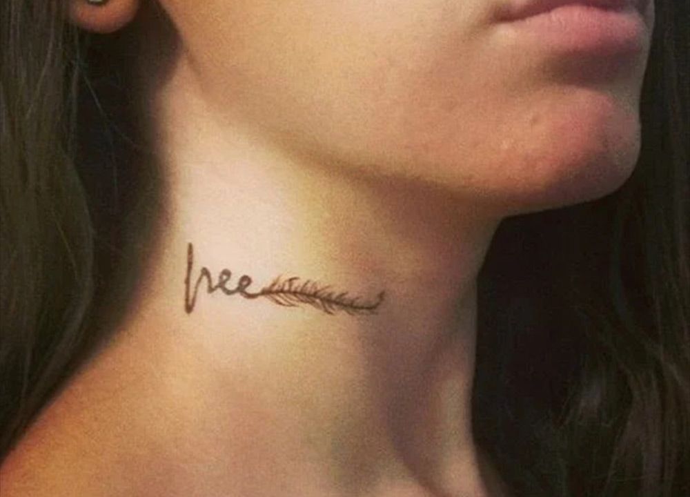 Script and Feathers Neck Tattoo for Women