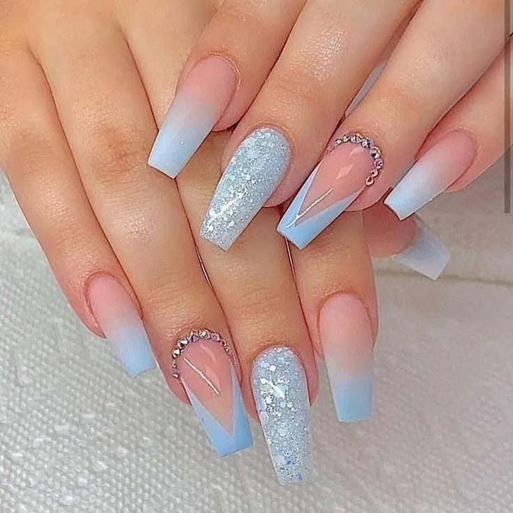 Pink-Blue Ombre & Embellished Nails